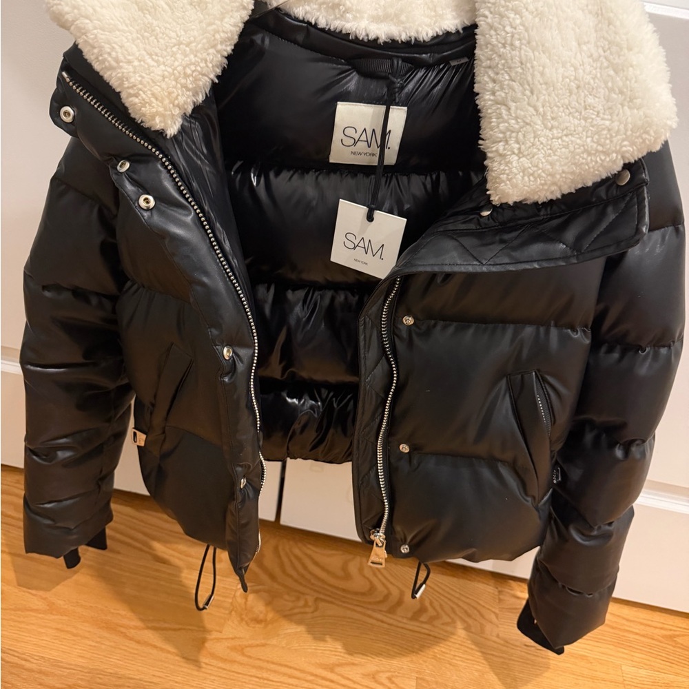 SAM. Black Puffer Jacket with White Shearling Collar